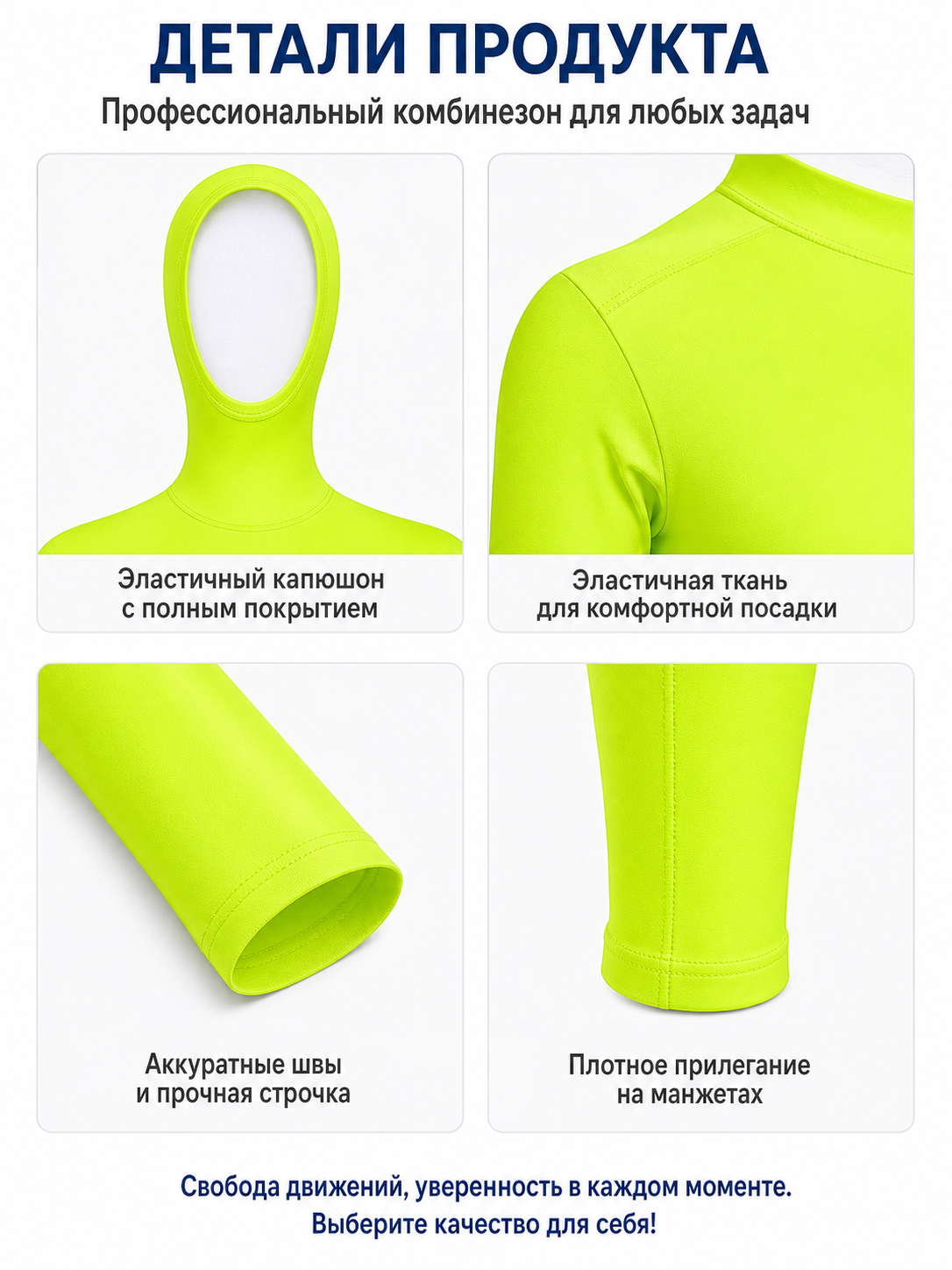 Hooded Zentai bodysuit, yellow-green detail view