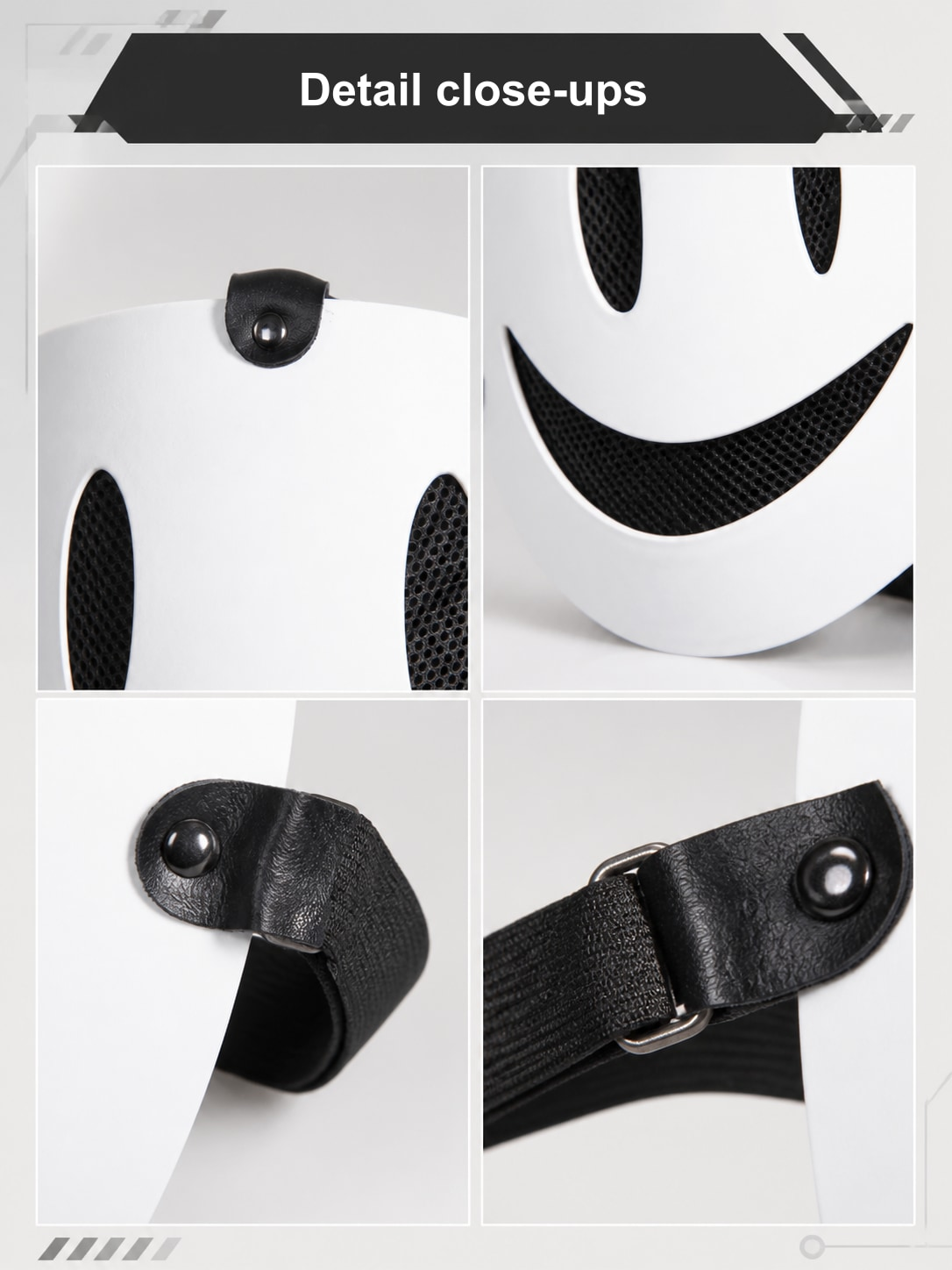 Close-ups of the mask strap tabs, rivets, mesh eye and mouth openings