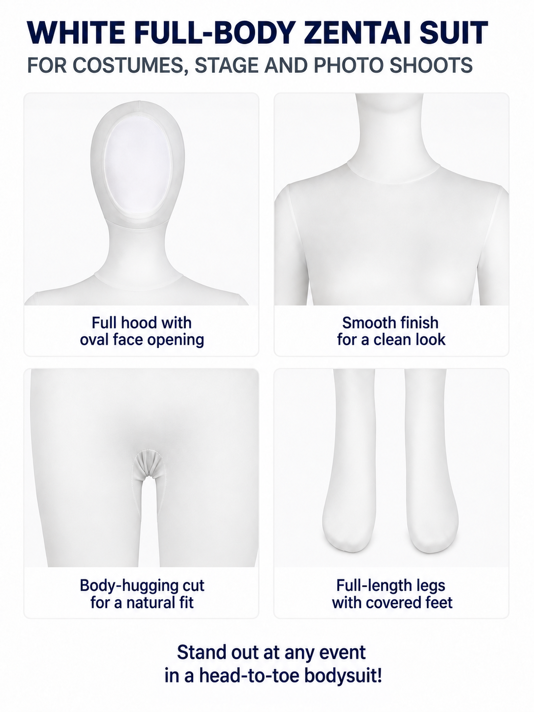 White Zentai jumpsuit with an oval opening for the face detail view
