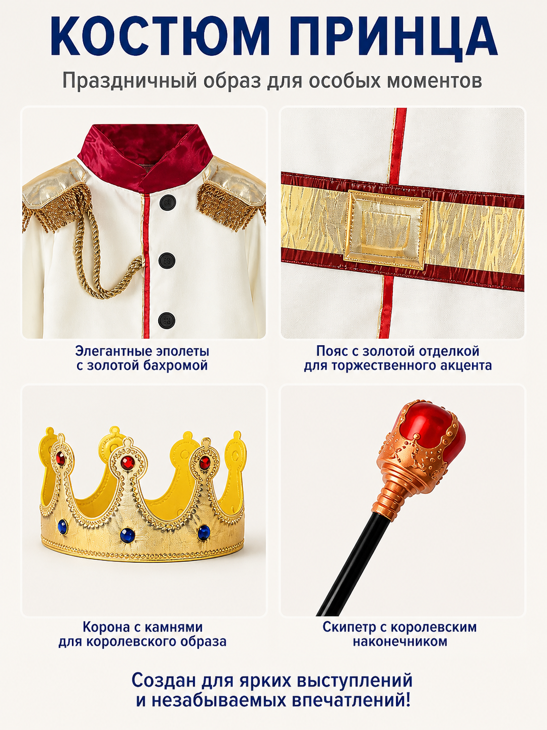Children's Prince Costume with Crown and Scepter detail view