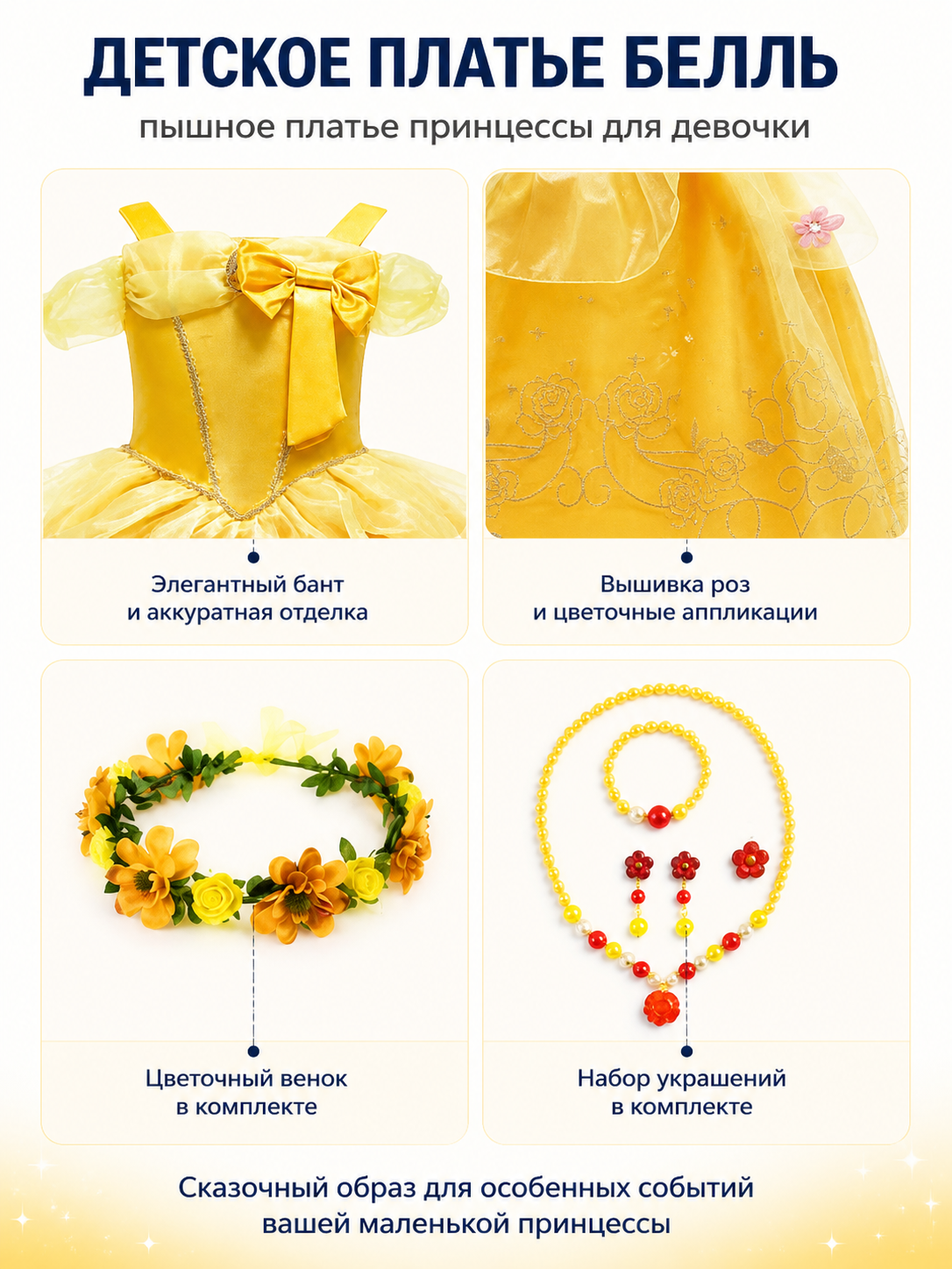 Yellow Princess Dress with Flowers and Bow detail view