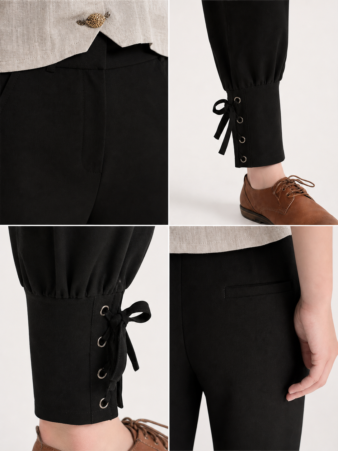 Information card showing close-up details of the pants, including the waistband, ankle ties, eyelets, and back pocket