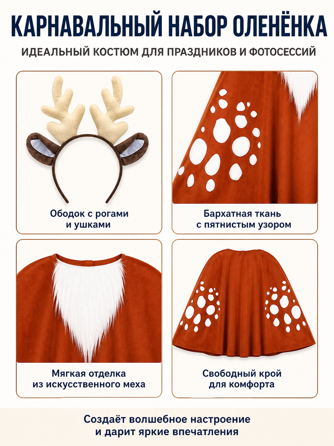 Deer Costume with Antlers and Cape for Festive Events detail view