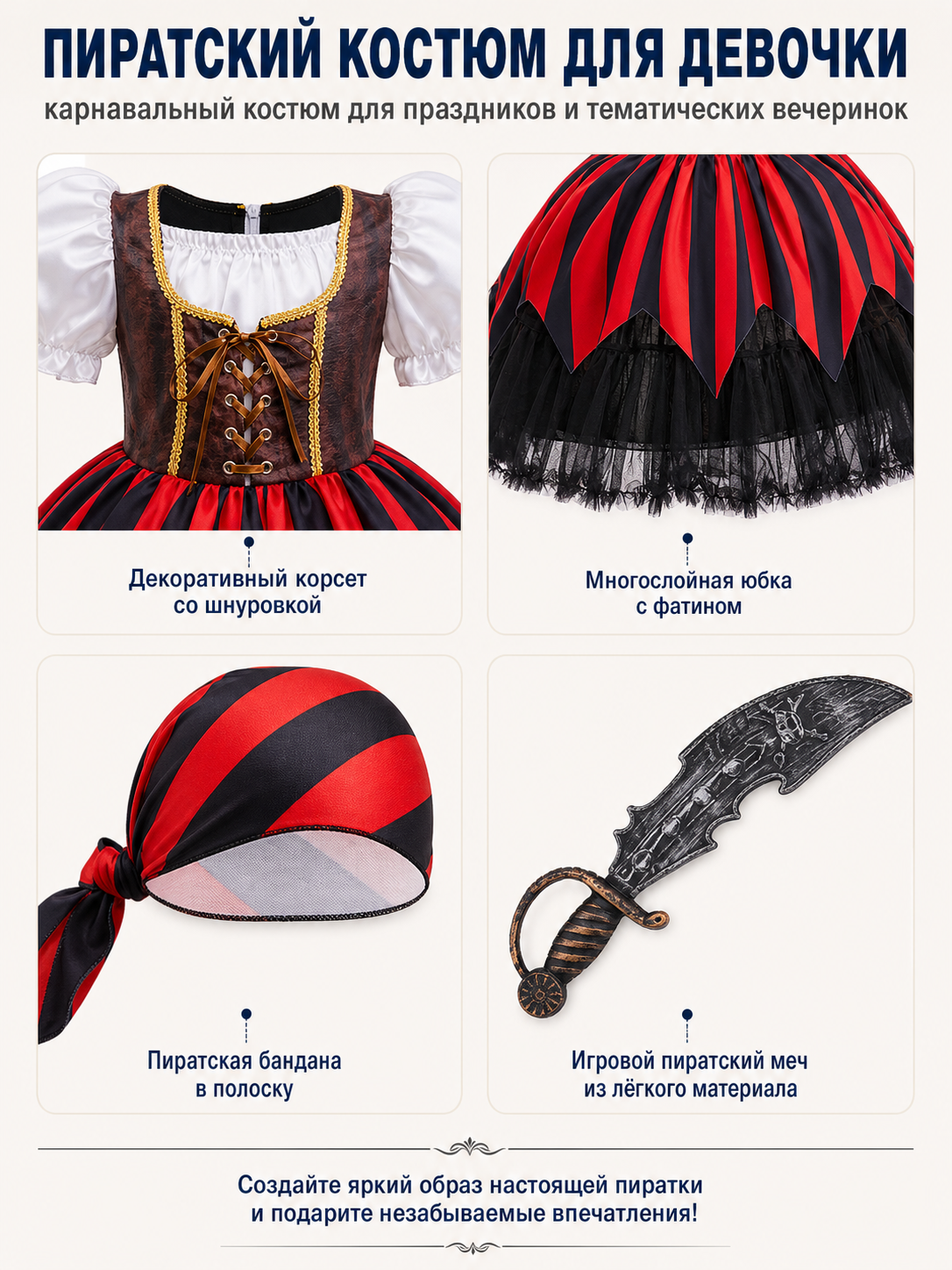 Red and Black Pirate Costume with Accessories detail view
