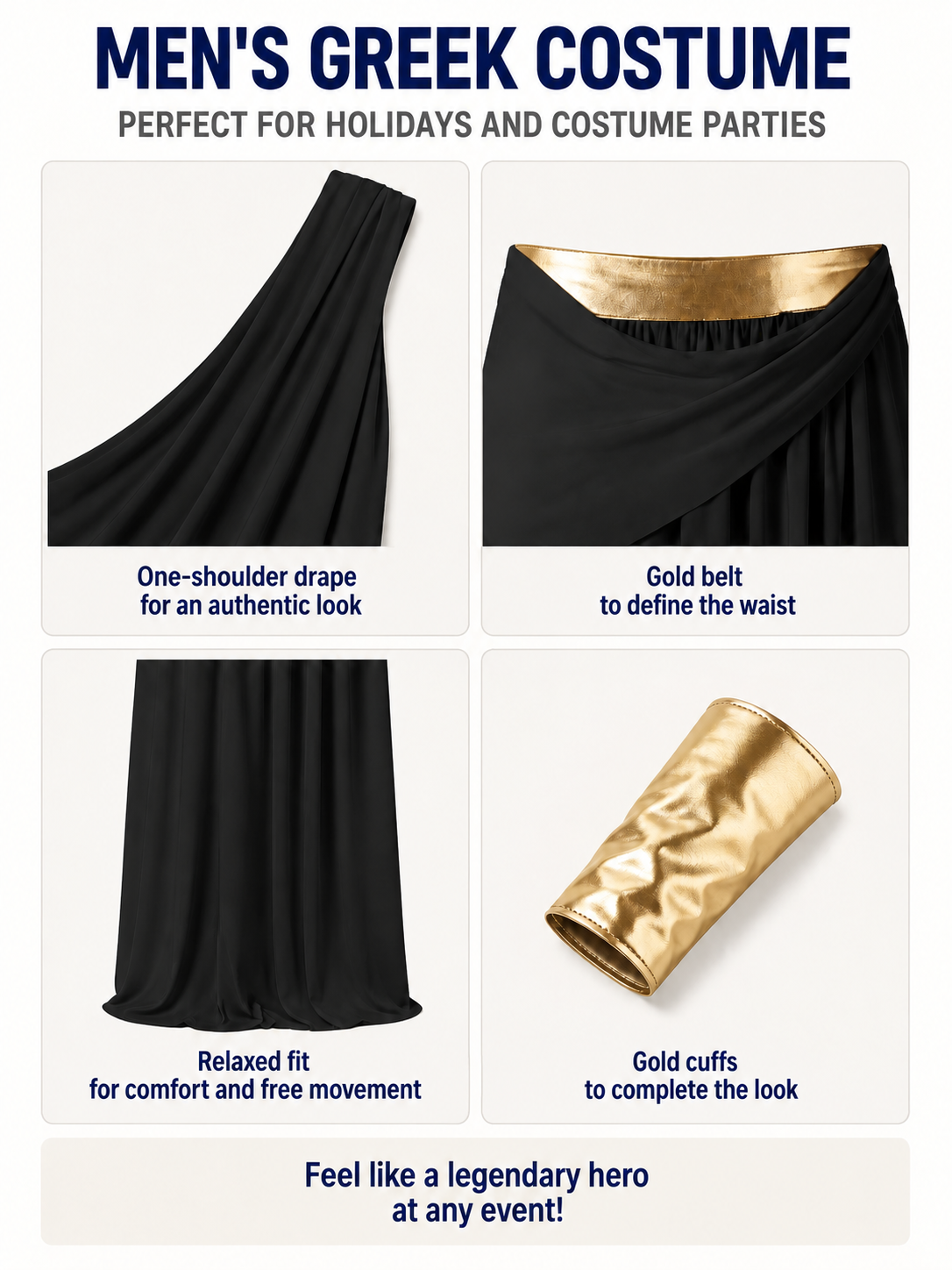 Long Black One-Shoulder Toga with Gold Belt detail view
