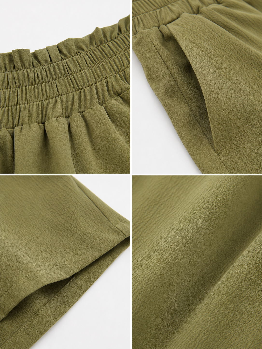 Information card showing close-ups of the olive green shorts' gathered waistband, side pocket, hem, and textured lightweight fabric