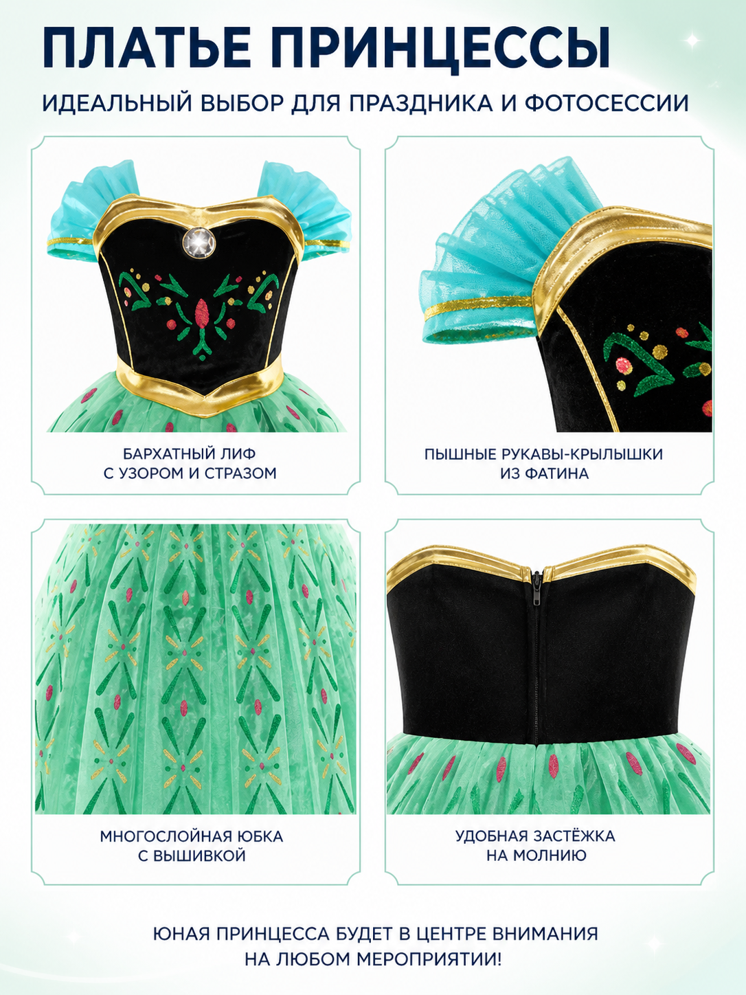 Children’s Frozen dress with mesh and sequins detail view