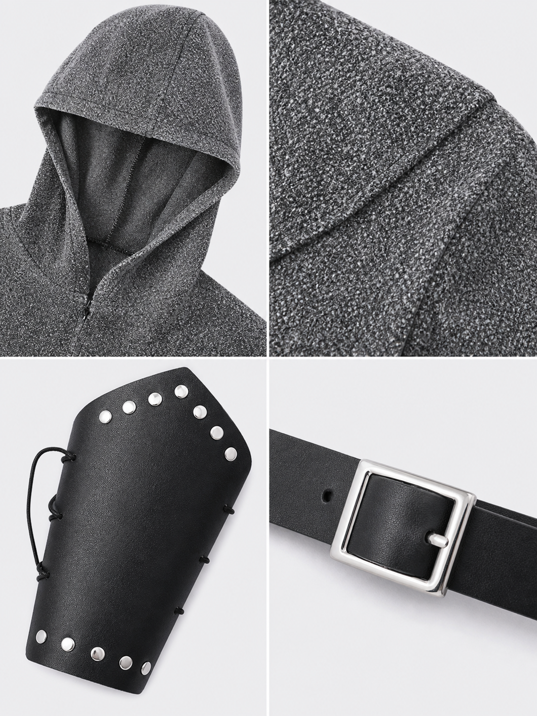 The set is designed in a medieval style and is suitable for creating a cosplay or stage-performance look. It includes a gray long top with a hood, a headpiece in the form of a gray hood, black bracers, and a black belt with a square buckle