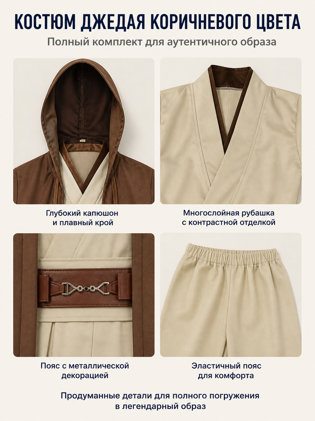 Obi-Wan Hooded Costume with Belt for Cosplay detail view