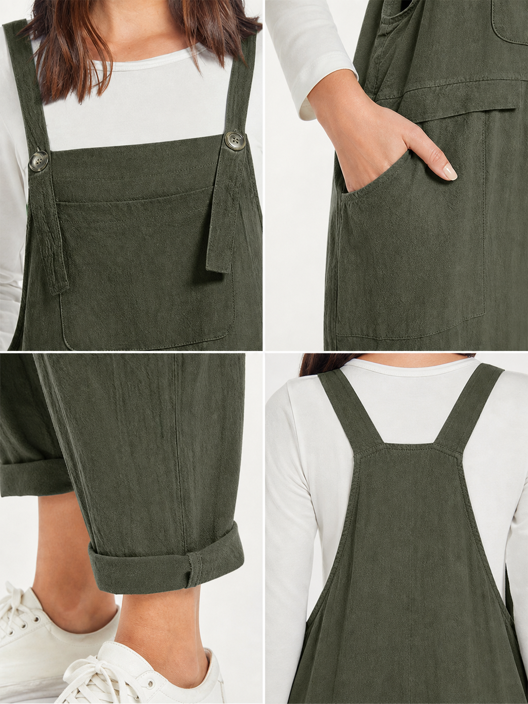 Straight-Leg Dark Green Bib Pants with Straps and Pockets
