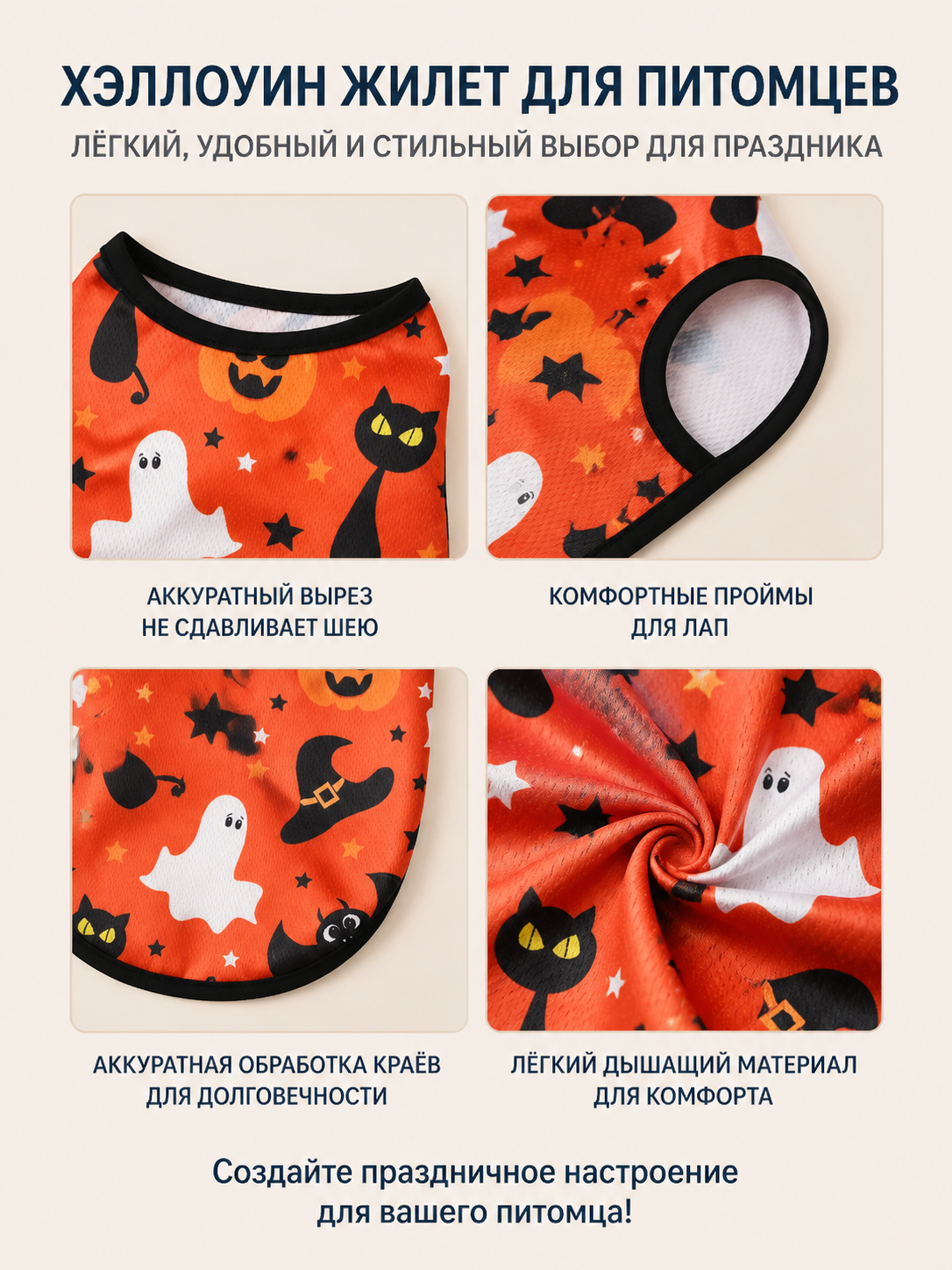 Orange Pet Vest with Halloween Print detail view