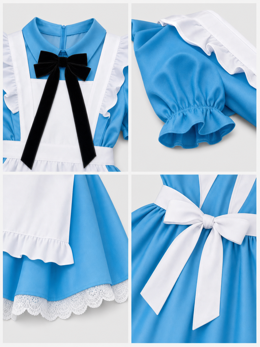 Dress with an apron, stand collar, and ruffles