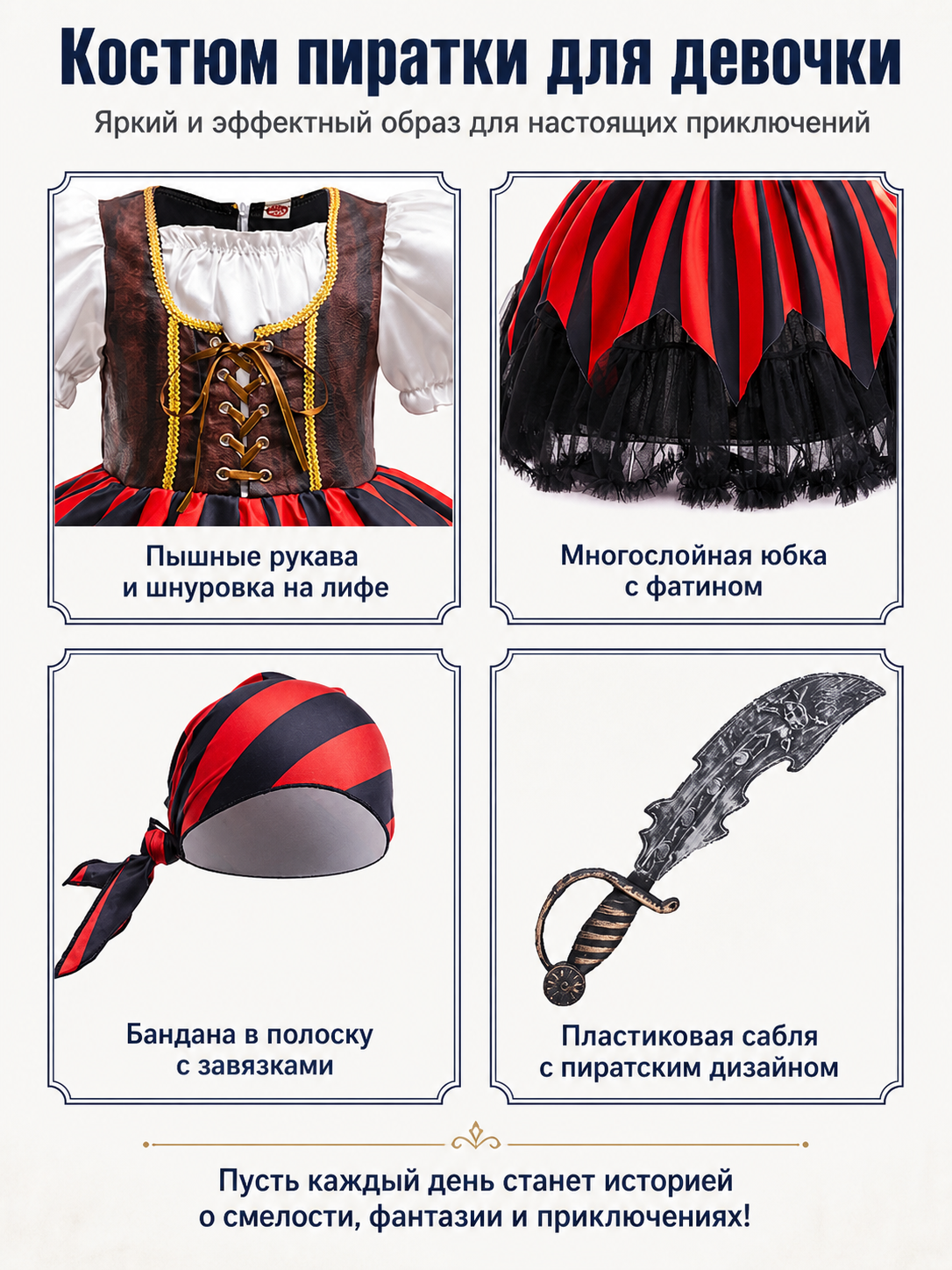 Pirate Costume with Striped Dress and Accessories detail view