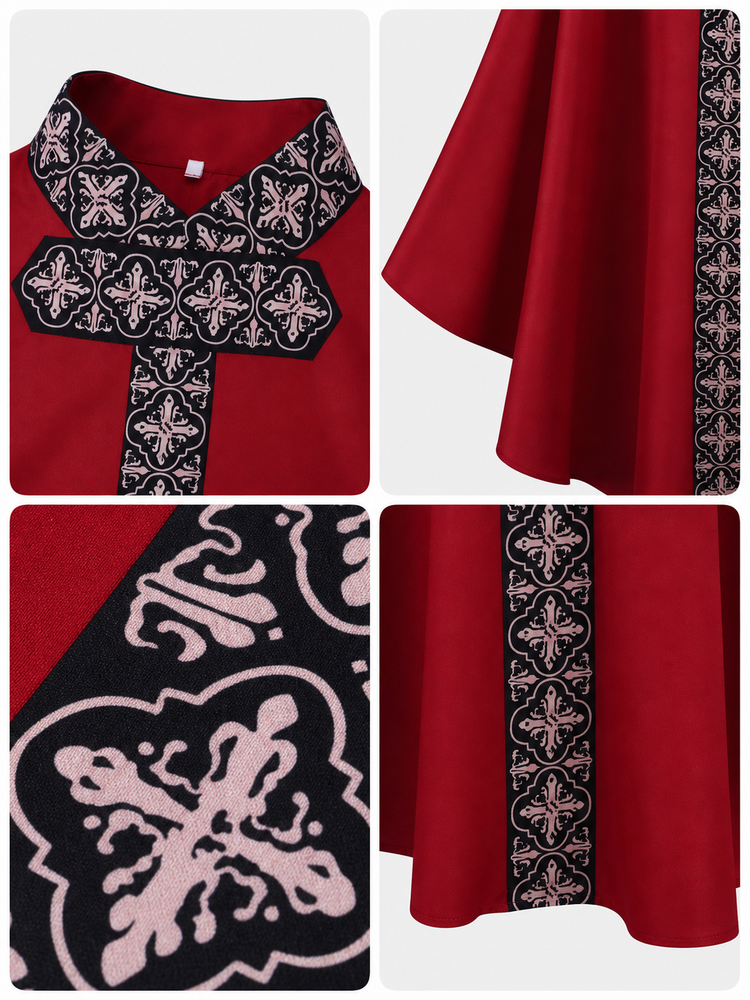The cape is red with black decorative elements. It has a loose cloak-style silhouette, wide sleeves, and a collar with black patterned detailing. The front features a vertical decorative stripe down the center and a horizontal stripe across