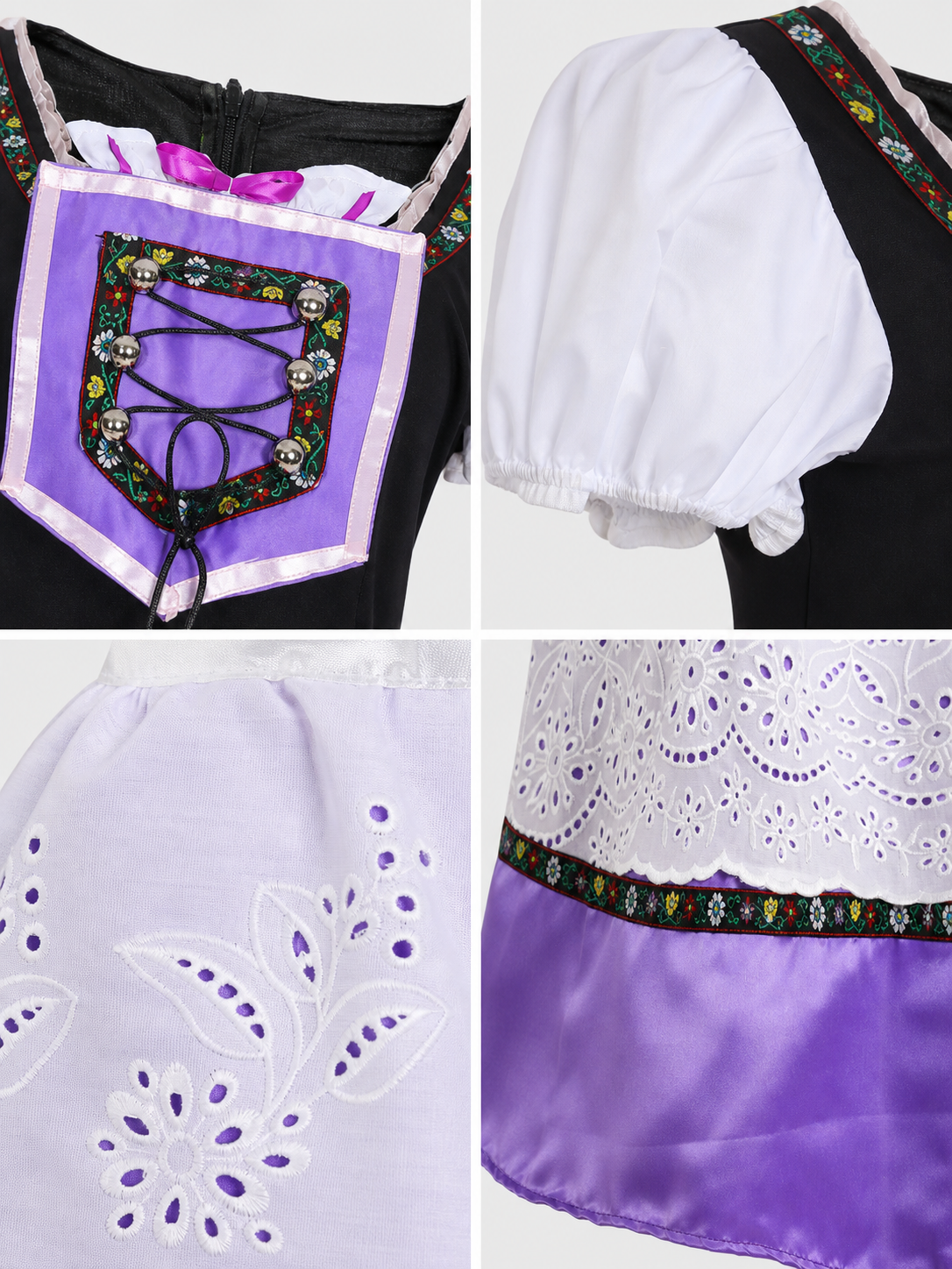 The dress is designed in an ethnic style and features a contrasting combination of white, pink, purple, and black. It has a black bodice, voluminous white puff sleeves, and a white waistband. The front is decorated with a purple lace-up det