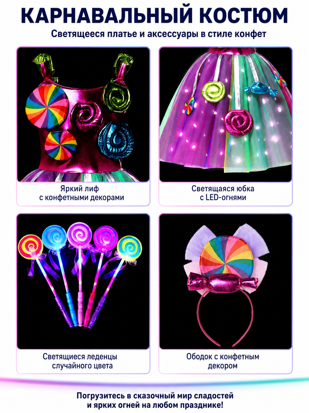 Girls' Dress with LED Lights and Candy Print detail view