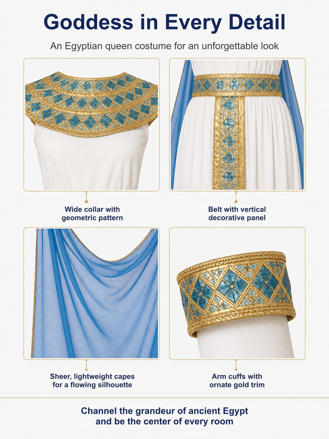 Women's Cleopatra Costume detail of the geometric collar, belt panel, sheer capes and arm cuffs