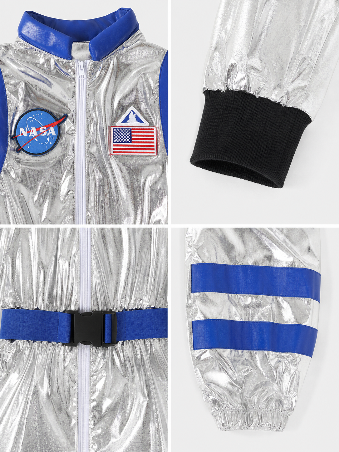 Silver and blue one-piece astronaut costume for cosplay detail view