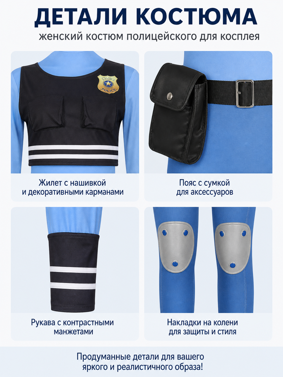Judy from Zootopia Costume with Vest and Blue Jumpsuit detail view
