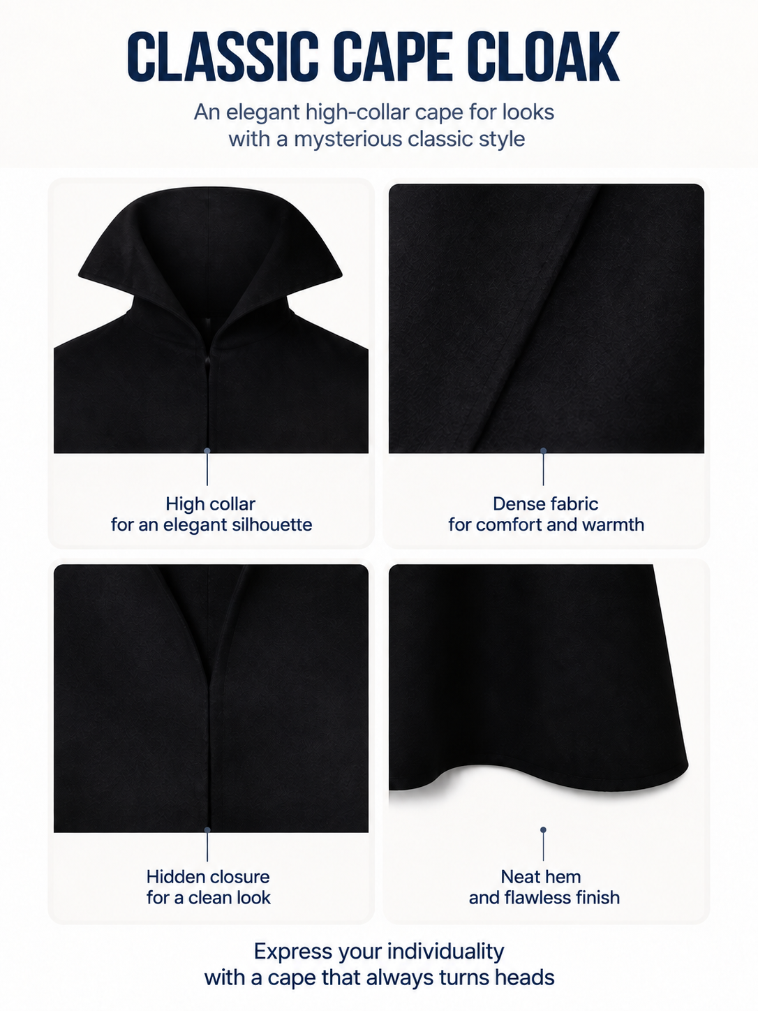Black Vampire Cloak with High Collar detail view