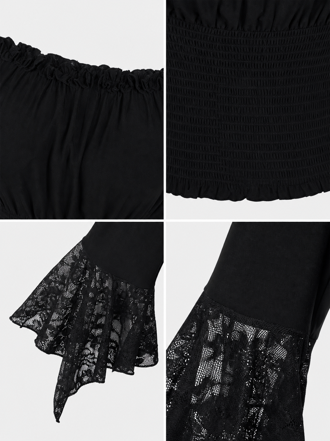 Black off-the-shoulder blouse with ruffles and long sleeves