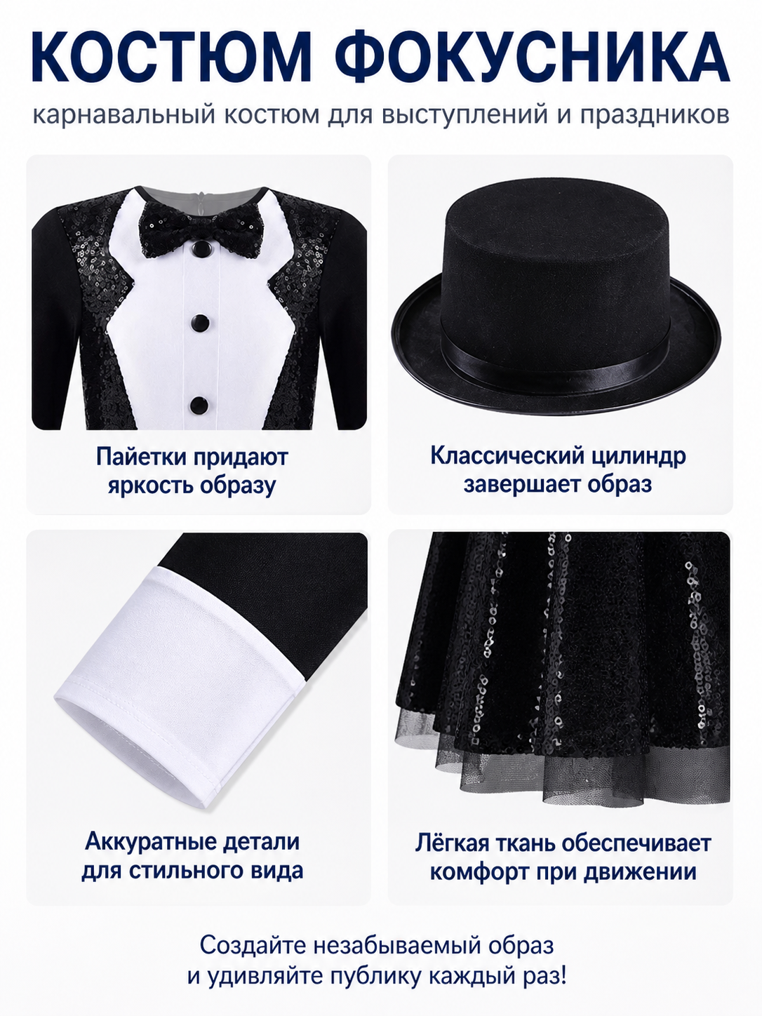 Black Wizard Costume with Sequins and Bow Tie detail view
