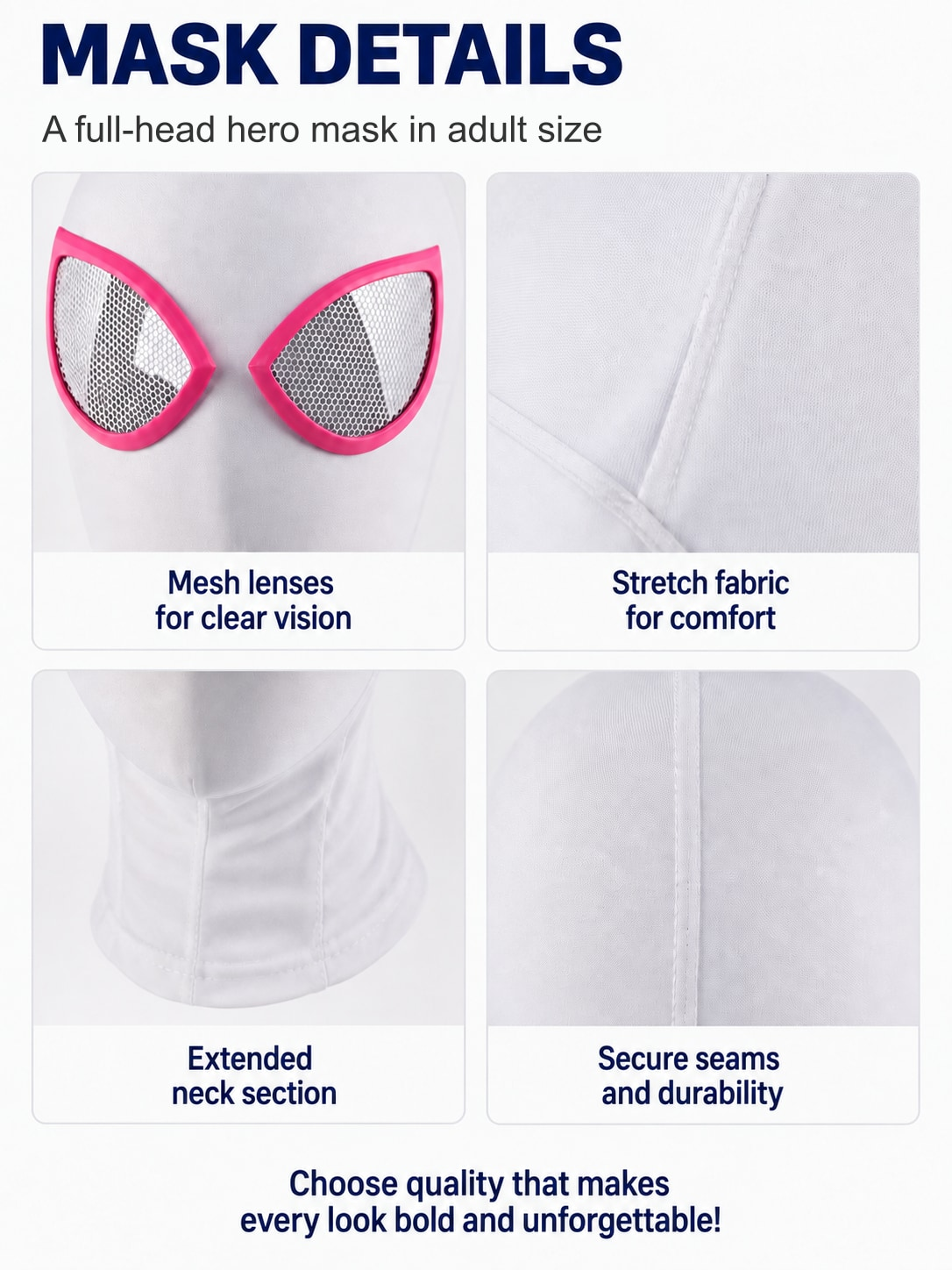 Mask details: mesh lenses, fabric seams and the extended neck section of the adult full-head mask