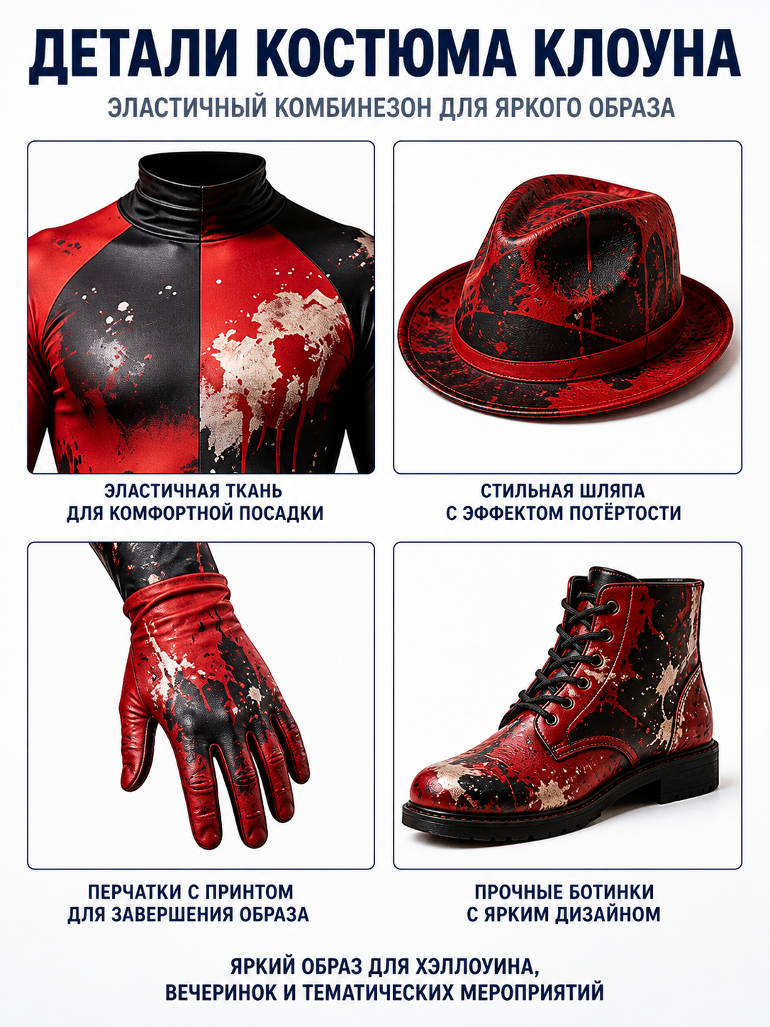 Red and Black Fitted Clown Costume with Blood Stains detail view
