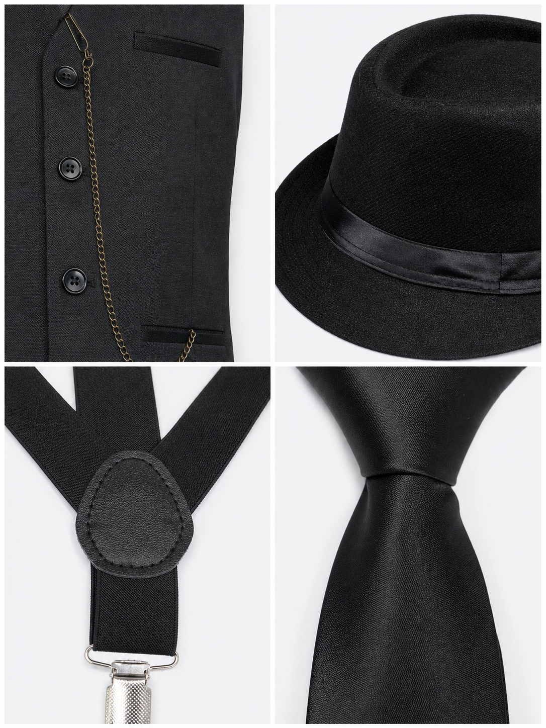 Vintage costume designed in a formal style with retro and gangster-inspired elements. The set includes a white long-sleeve shirt with a collar, a black button-front vest with lapels, a breast pocket, and lower pockets, as well as a black ne
