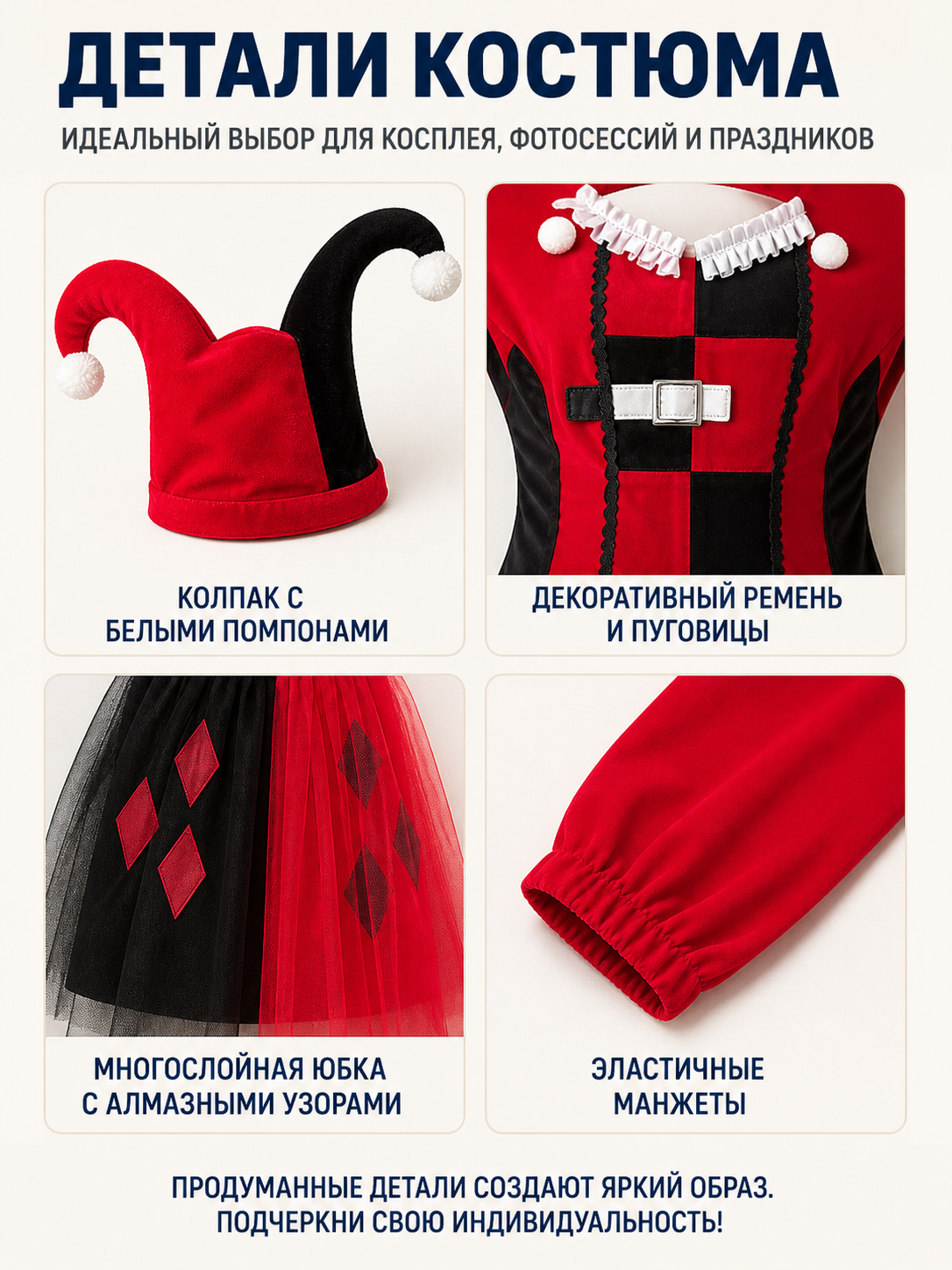 Red and Black Clown Costume with Skirt and Train detail view
