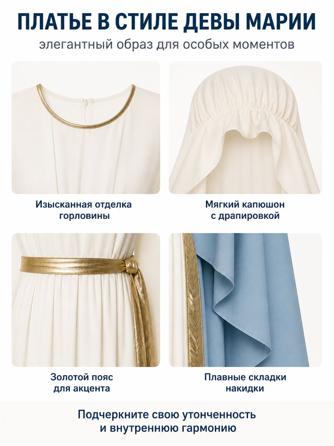 Long Dress with a Blue Cape, Scarf, and Gold Belt detail view
