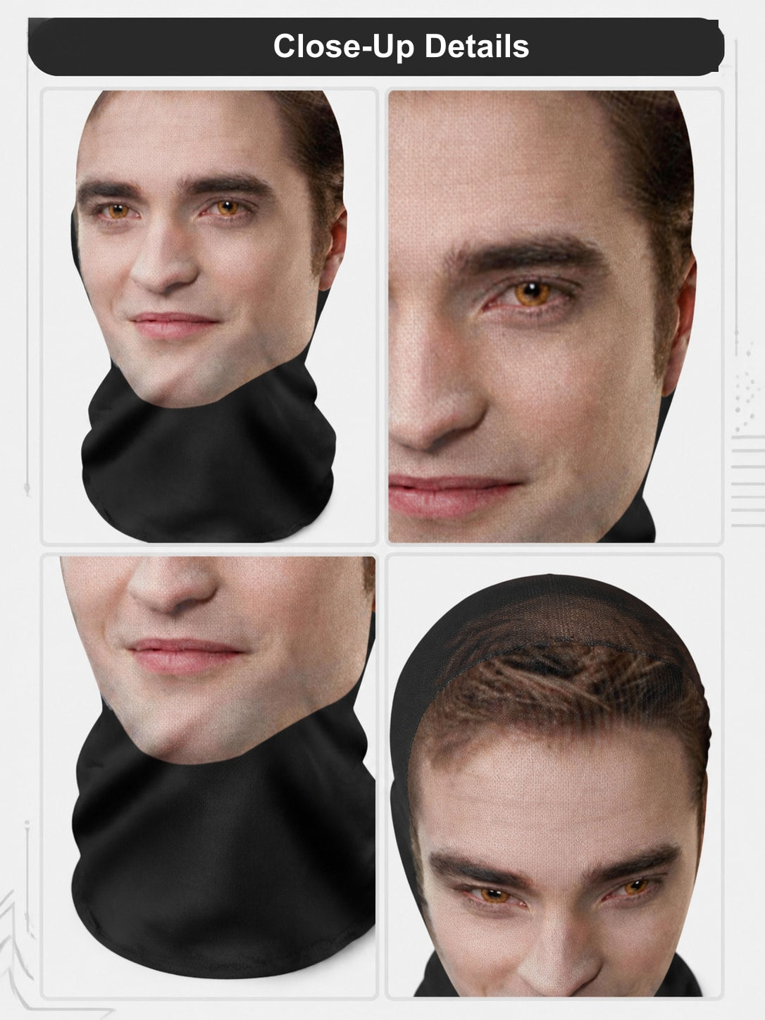Close-up details of the printed realistic face mask: face print, neck gaiter and head cover