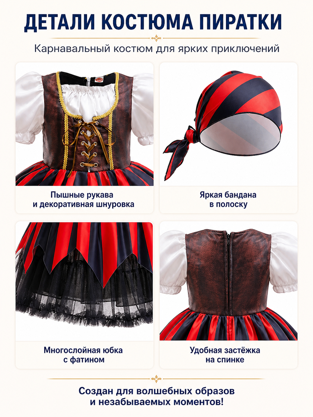 Striped Pirate Costume Dress with Bandana for Carnival detail view