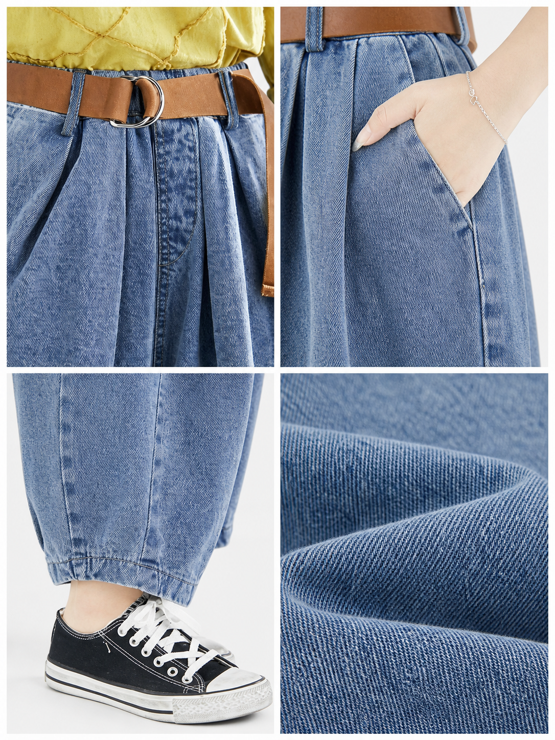 Information card showing close-ups of the pants belt and buckle, side pocket, gathered hem, and blue denim fabric texture