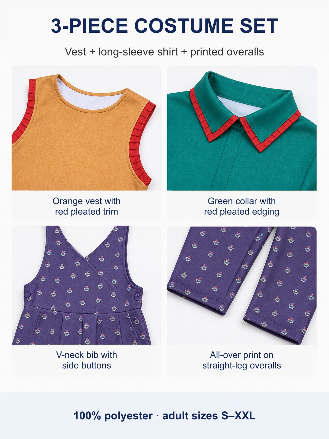 Detail views: orange vest with red pleated trim, green collar with red edging, V-neck overall bib and printed legs
