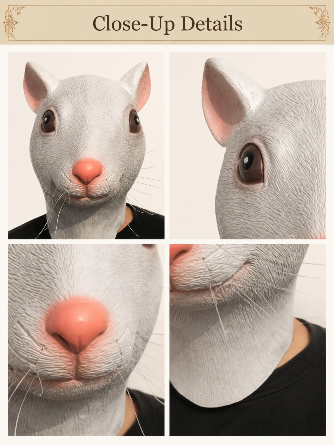 Close-up details of the white mouse mask: eyes, ears, pink nose and whiskers