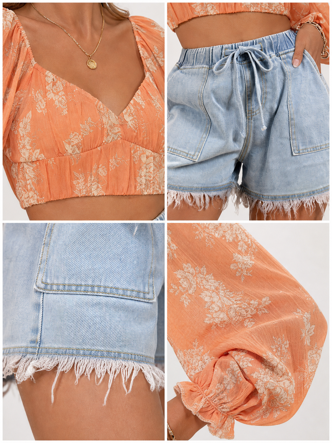 Information card with close-up panels showing the shorts’ drawstring waist, patch pocket, frayed hem and the matching floral top