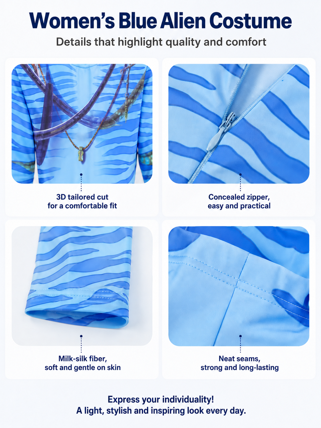 Avatar Cosplay Jumpsuit with Blue Stripes detail view