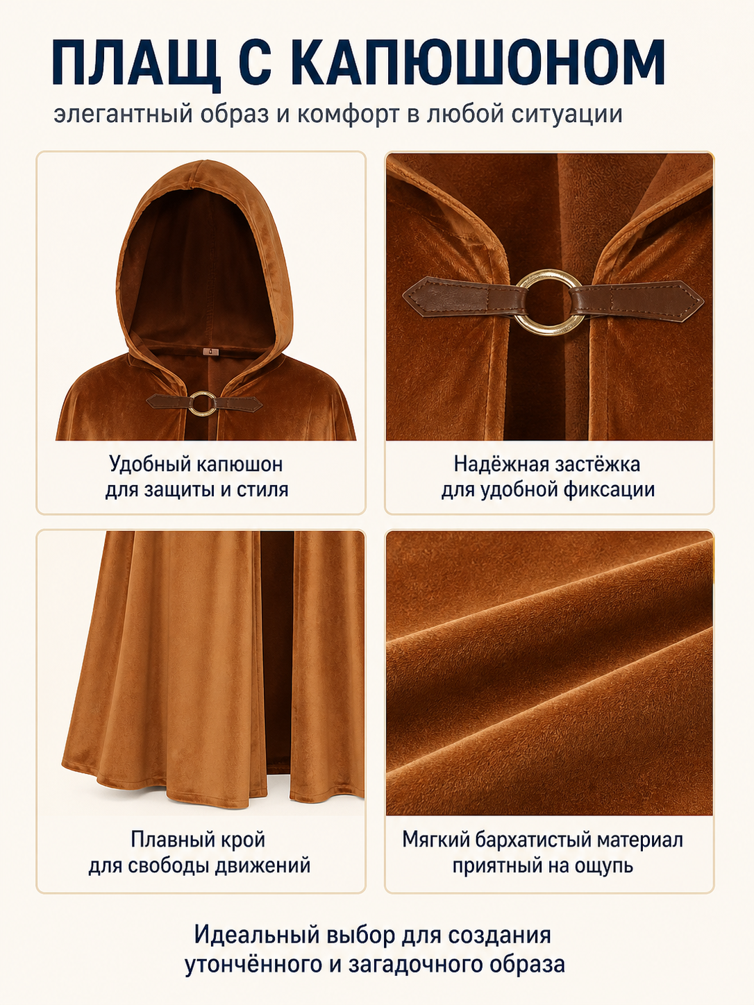 Medieval Suede Hooded Cloak for Halloween detail view