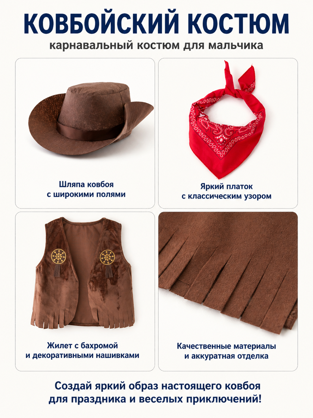 Cowboy Costume with Vest, Hat, and Bandana for Halloween detail view