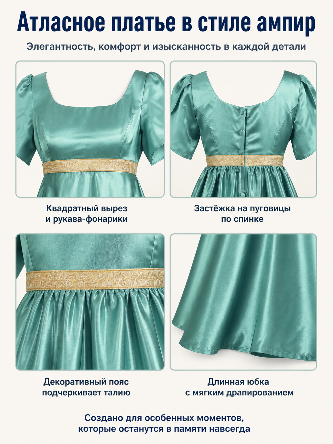 Mint Empire Waist Dress with Square Neckline detail view