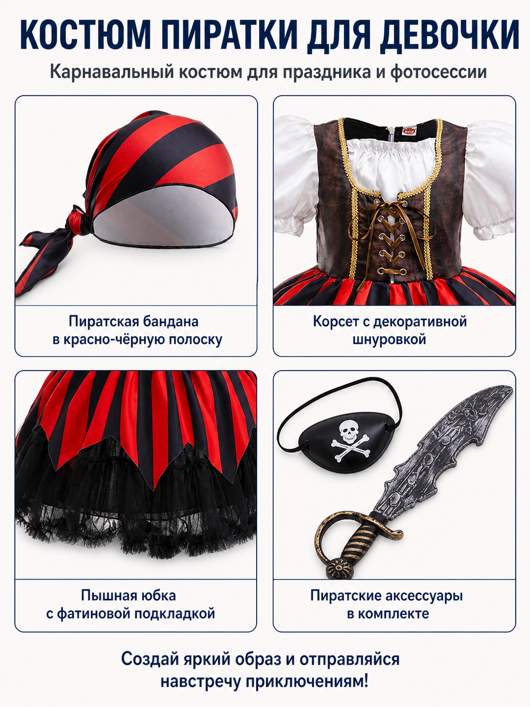 Pirate Costume with Striped Skirt and Accessories detail view