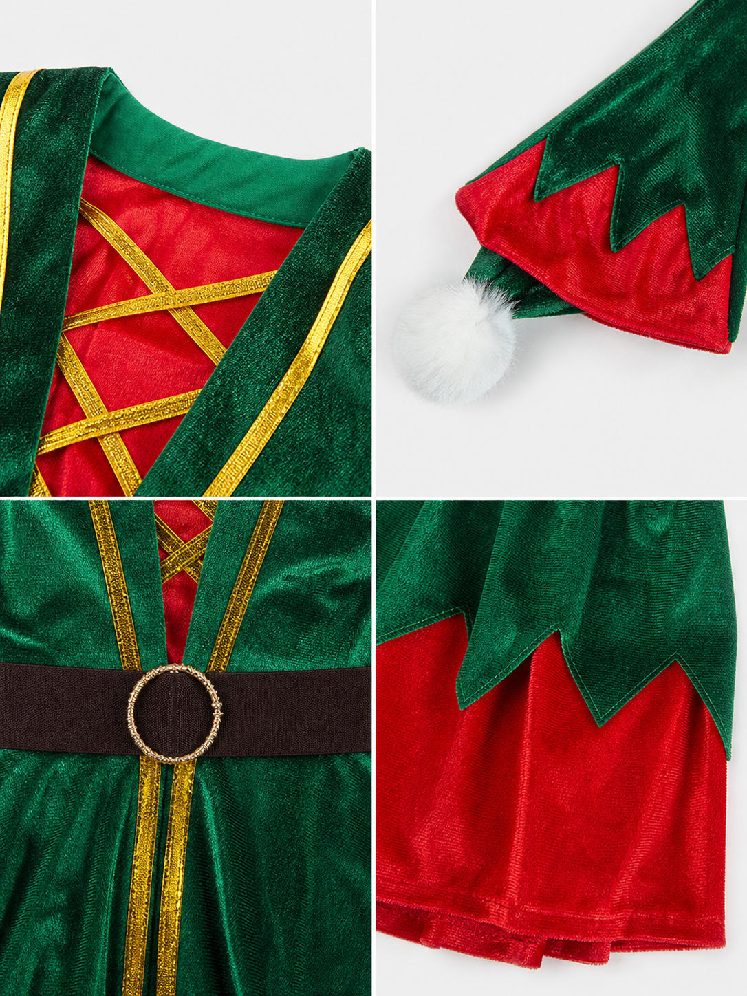 Christmas Elf Costume: Top, Skirt, Hat, and Belt