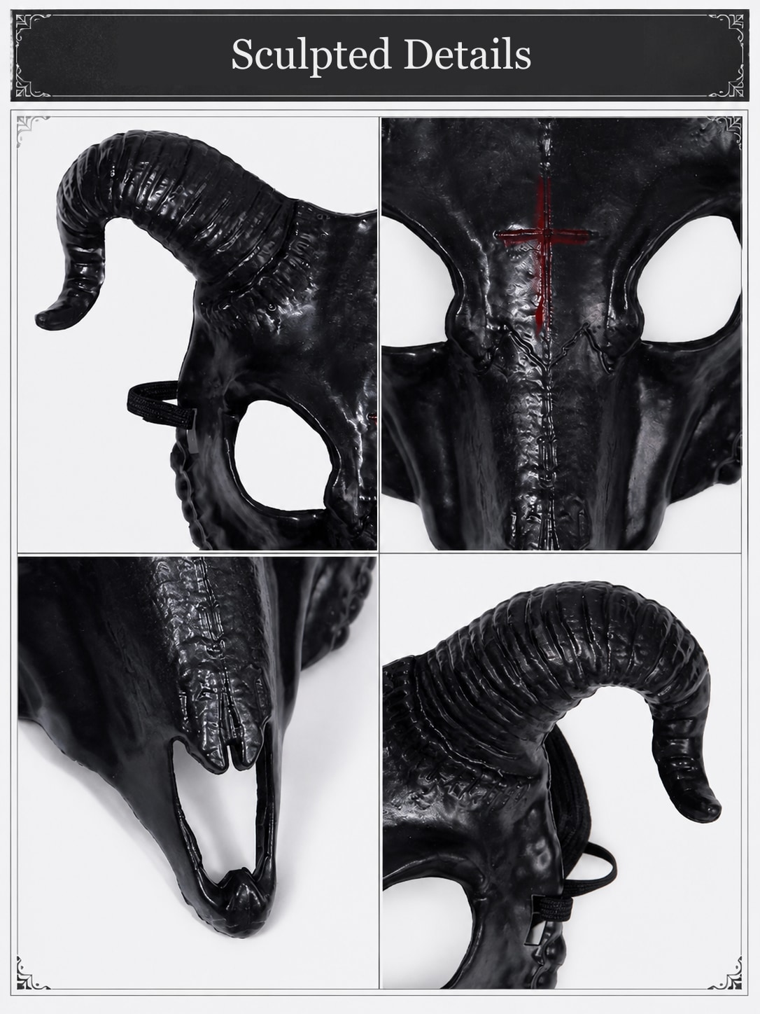 Detail close-ups of the goat skull mask: ridged curved horn, red cross on the forehead, tooth-like jaw and side strap