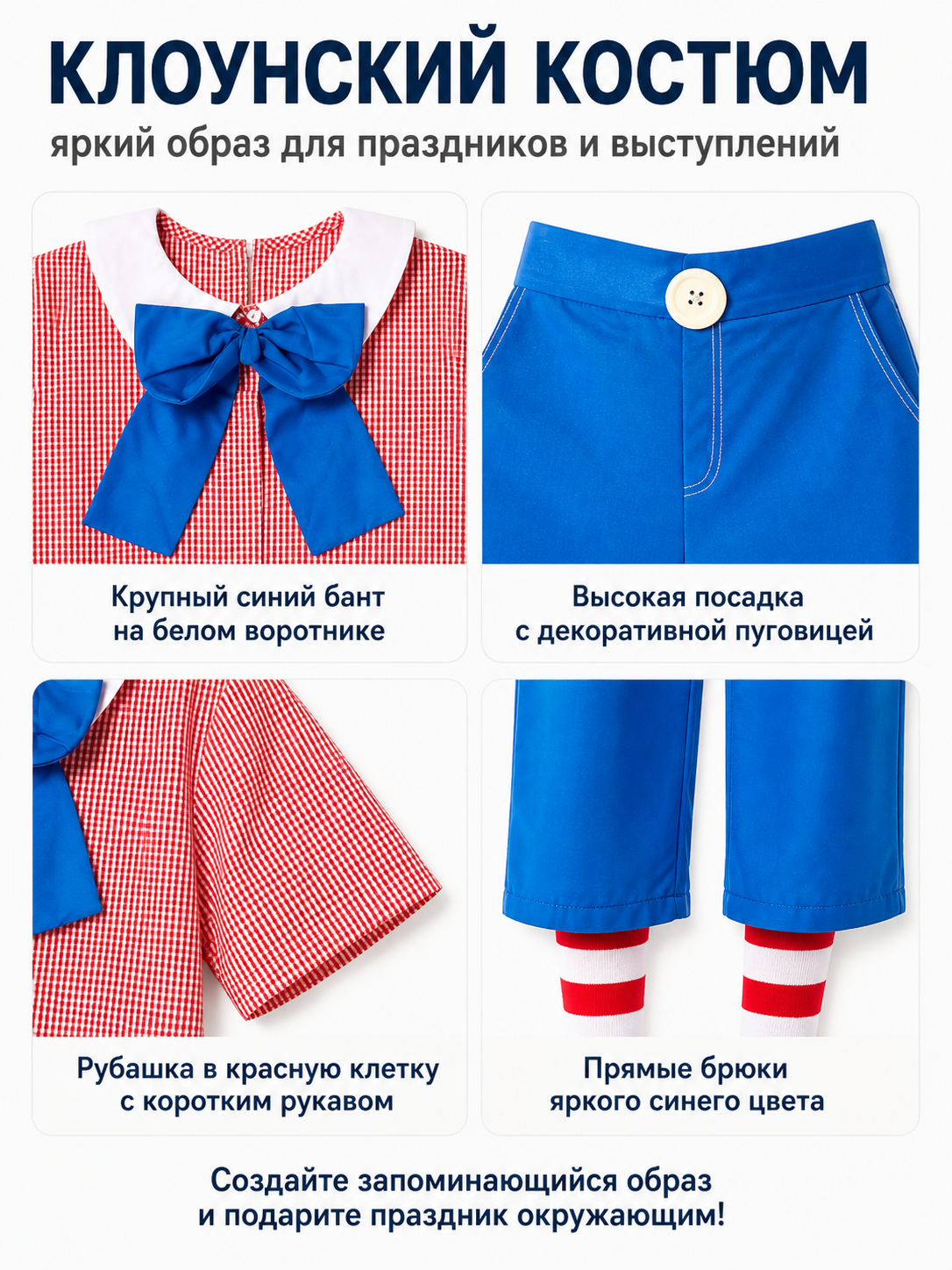Red-and-white Checkered Clown Costume with Blue Pants detail view