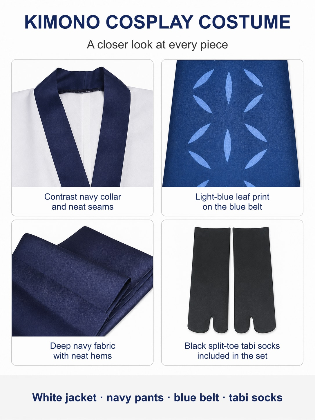 Detail views: navy contrast collar, light-blue leaf print on the belt, navy pants fabric and black split-toe tabi socks