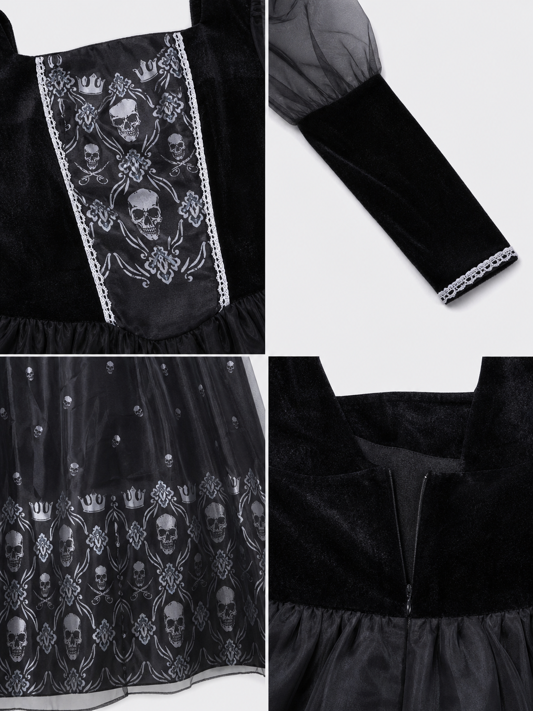 Gothic Dress with Sheer Sleeves and Skulls detail view