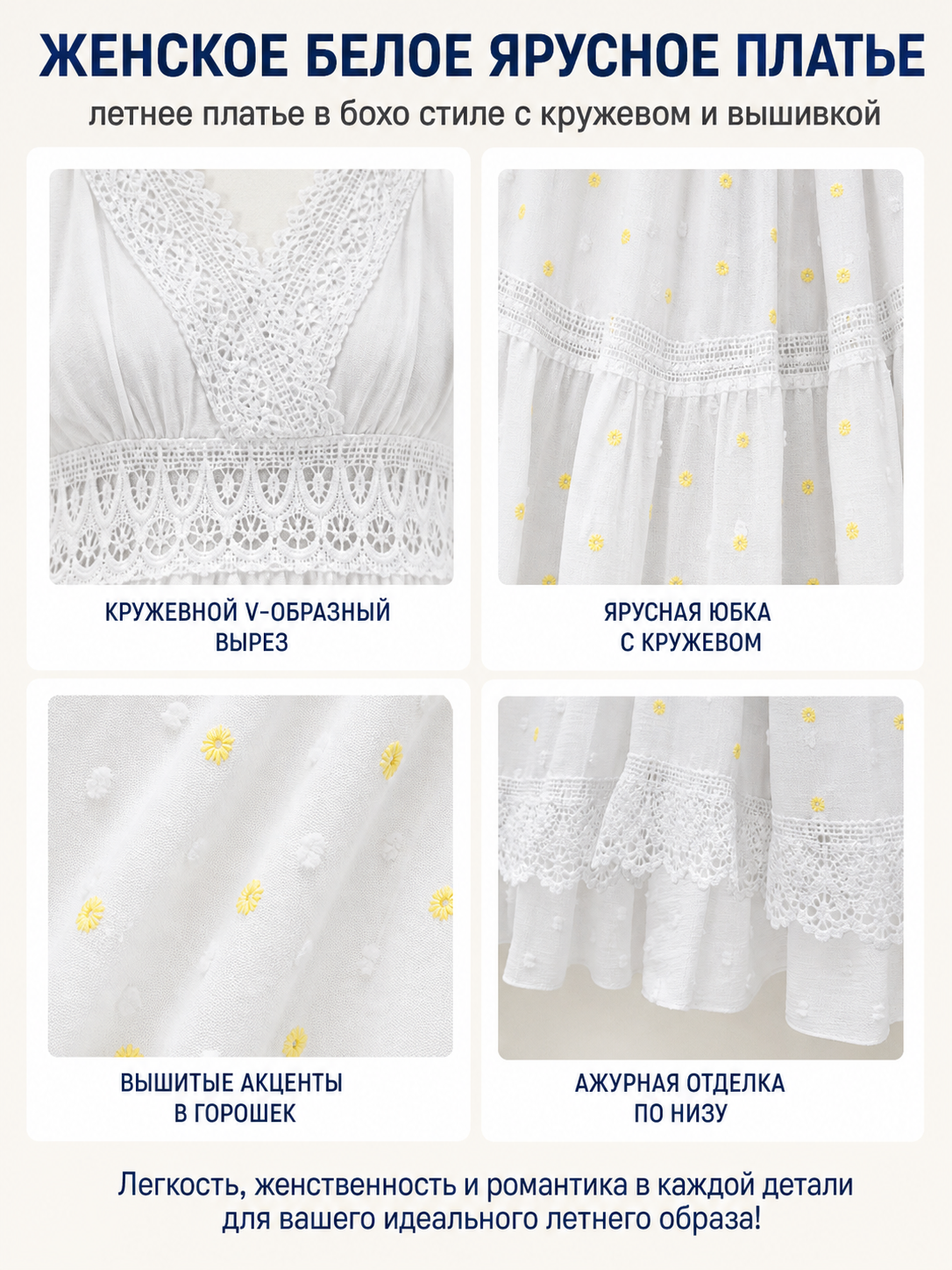Long White Sleeveless Dress with Lace Trim detail view