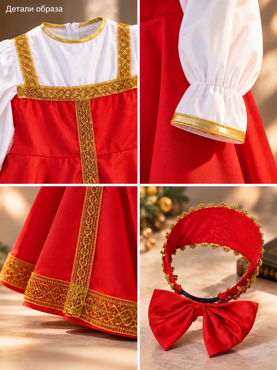 gold children_stage_costume_red_dress_headwear detail image