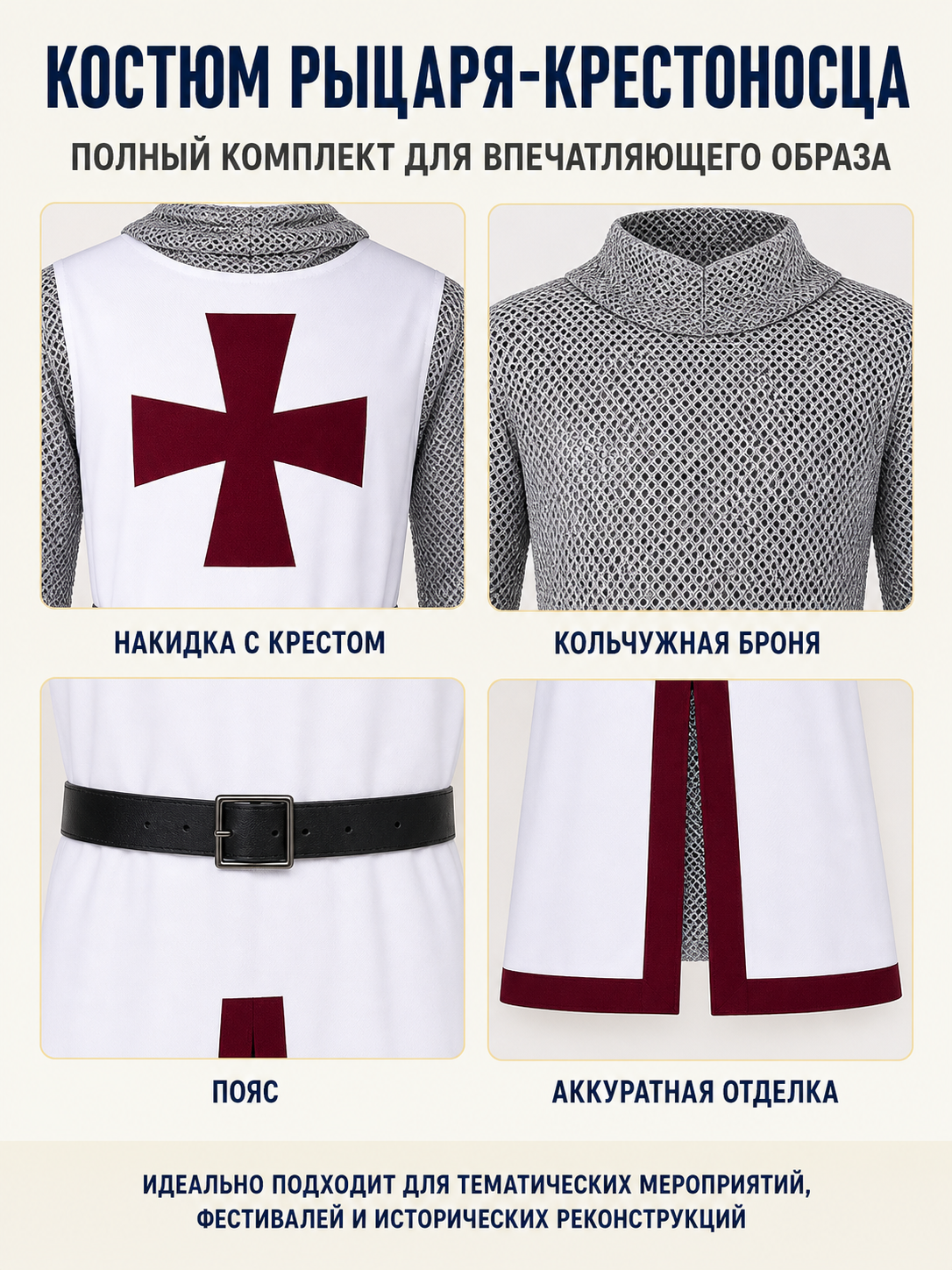 Templar Costume with Red Cross and Chainmail detail view